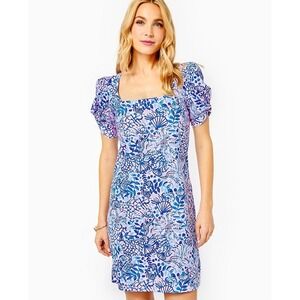 Lilly Pulitzer Haydn Calla Puff Sleeve Dress High Tide Good Vibes Print Cotton M